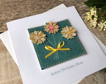 Flower Bouquet Birthday Card for Her, Personalised Floral Card with stitching detail in choice of colour