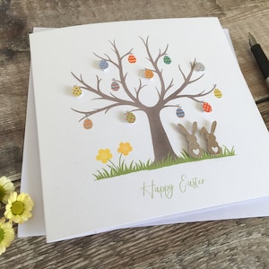 Personalised Easter Card, Easter Tree Card with 3D Bunnies and Easter Eggs, Easter Bunny Card With Name - 15cm square