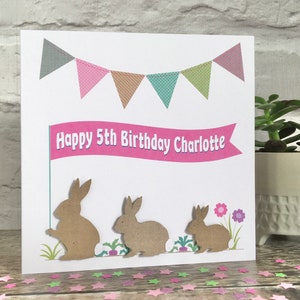 Bunny Rabbit Birthday Card, Personalised Bunnies & Vegetable Patch card with name and age for girls or boys - in pink or teal