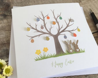 Personalised Easter Card, Easter Tree Card with 3D Bunnies and Easter Eggs, Easter Bunny Card With Name - 15cm square