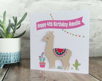 Llama Birthday Card - Personalised With Name & Age or your own message - Cute Alpaca Card for boys or girls - available in pink or red