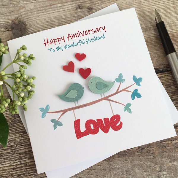Love Birds Anniversary Card or Wedding Card, Personalised Anniversary Card for Wife, Husband, Son, Daughter, Mum & Dad or Special Couple