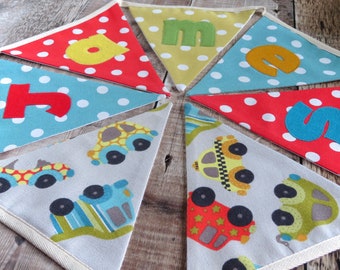 Children's Personalised Cars Bunting - red, turquoise & yellow polka dot flags with Cars and Trucks flags, matching cars cushion available