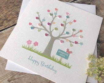 Tree of Life Linen Birthday Card, or Anniversary Card with embellished hearts - Personalised Linen Texture Card, 15cm square