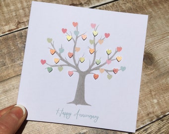 Tree of Life Card, Personalised Tree Card with Embellished Hearts, Anniversary, Birthday, or Thinking of You Card