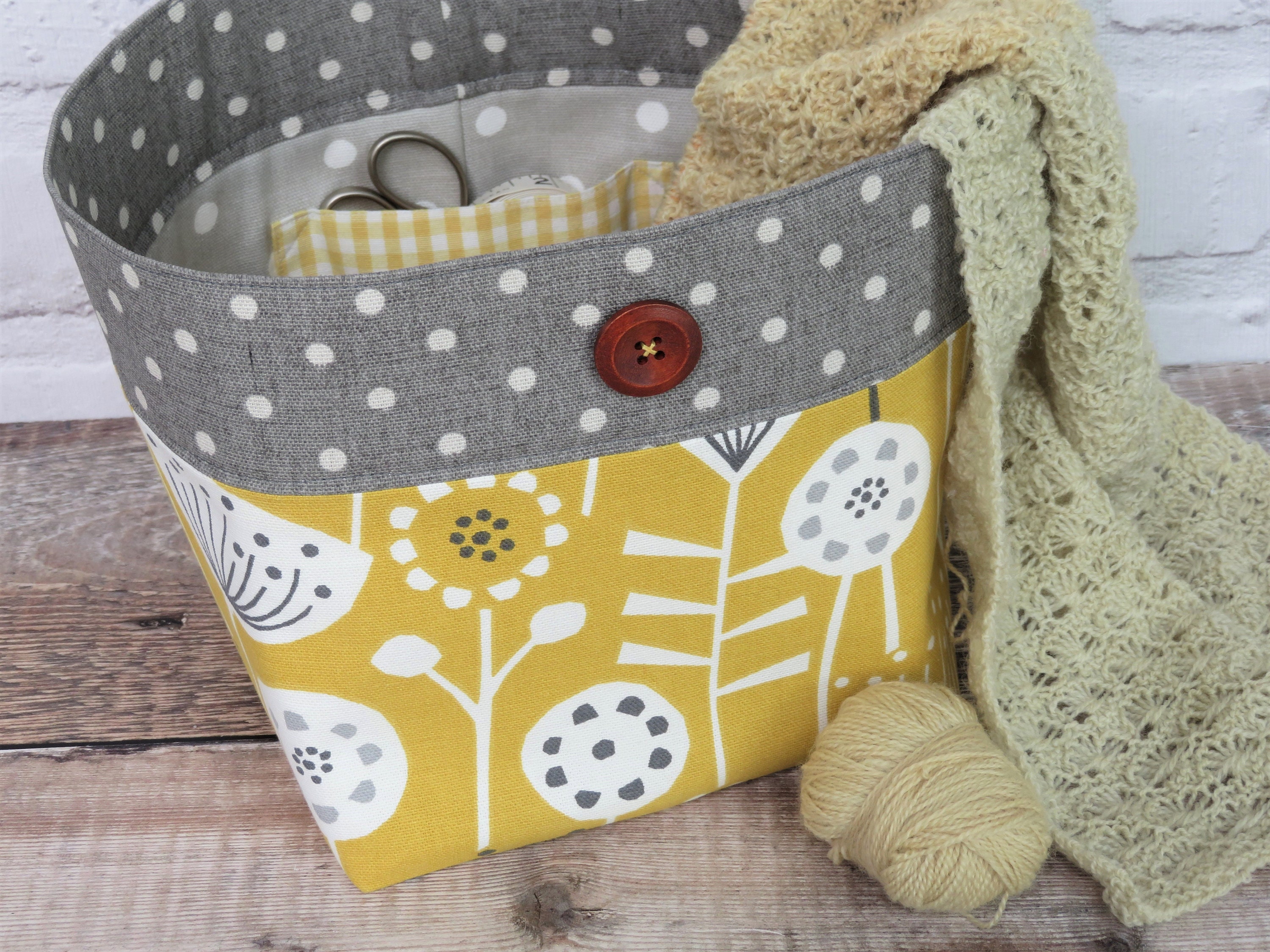 Craft Storage Bag in Yellow & Grey Project Bag With Pocket Etsy