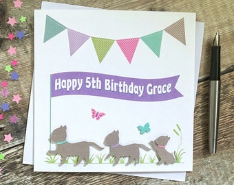 Kitten Birthday Card Personalised with name and age, Kittens on Parade Cat Lover Card for girls or boys - in lilac or orange