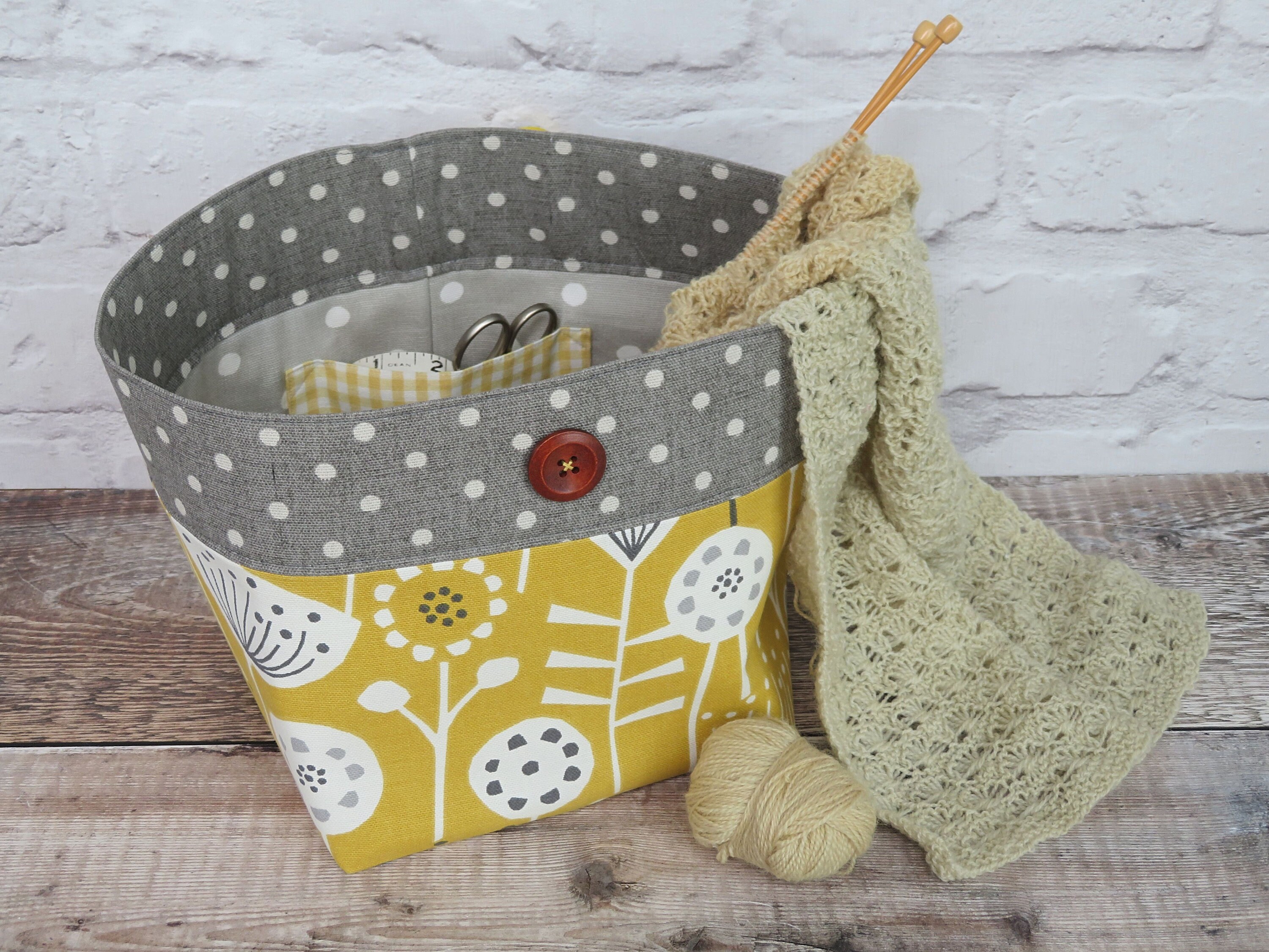 Craft Storage Bag in Yellow & Grey Project Bag With Pocket Etsy