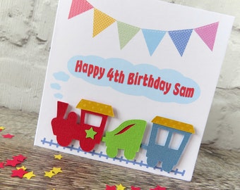 Personalised Train Birthday Card for Boys & Girls, Customised with Name and Age, Handcrafted Children's Train Card