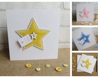 Personalised Christening Card, Baby Baptism Card, Thanksgiving Card, Dedication Card for Girl or Boy, Stitched Gingham Star Greeting Card