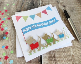 Personalised Puppy Dog Birthday Card, Puppies on Parade Dog Card for girls or boys with name and age - available in pink or blue