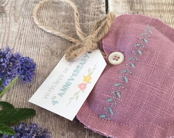 Personalised Anniversary Gift, Fourth Wedding Anniversary Linen Heart - optional Lavender Filling, Valentine's Gift Lavender Hanging Heart