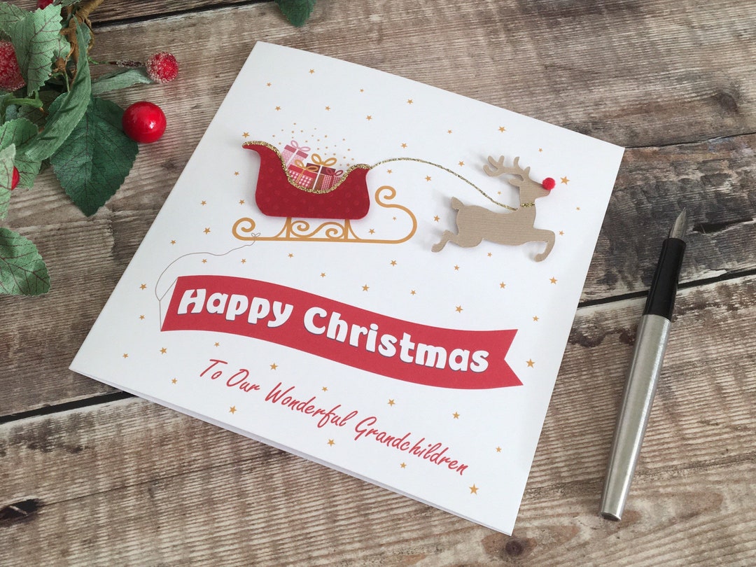 personalised-kids-christmas-card-for-grandchildren-niece-nephew-or-godchild-children-s-reindeer-santa-sleigh-card-1st-christmas-card-etsy