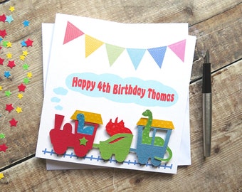 Personalised Dinosaur Train Card, Children’s Birthday Card with Dinosaurs on a Train, Customised Kids Card with Any Name and Age