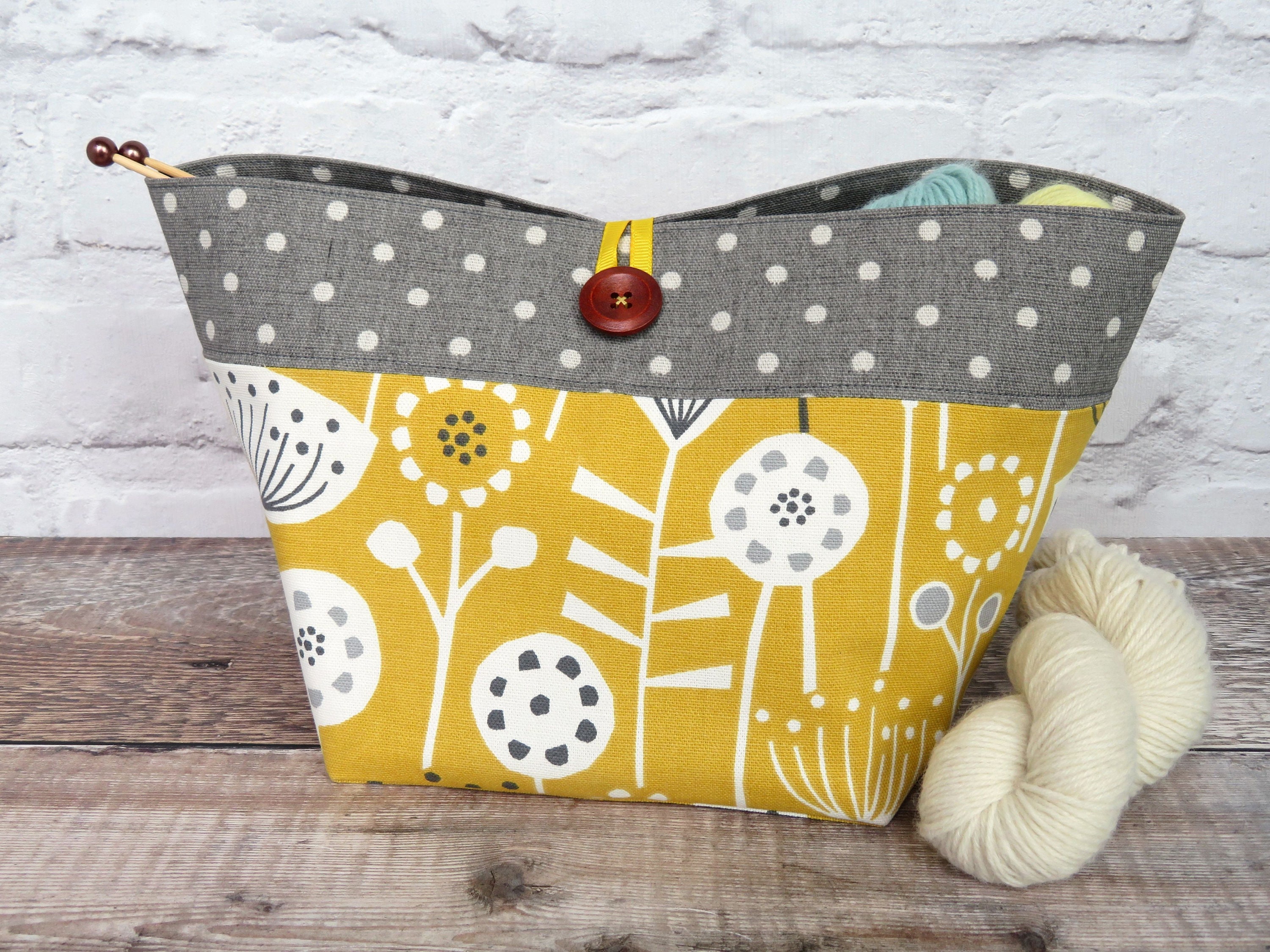 Craft Storage Bag in Yellow & Grey Project Bag With Pocket Etsy