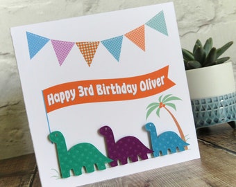 Personalised Dinosaur Birthday Card, Handmade with 3D Detail