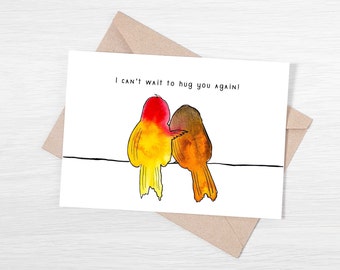 Friendship card, I miss you card, watercolor hugging birds, Corona Covid card, printable card, blank card, downloadable PDF