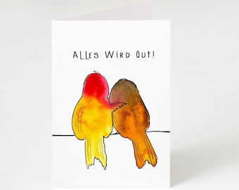 Friendship card, German supportive quote, watercolor hugging birds, Corona Covid card, printable card, blank card, downloadable PDF