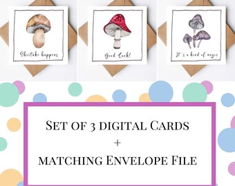 Set of 3 fun mushroom greeting cards + envelope, autumn fall watercolor mushrooms, printable card, blank card, downloadable PDF