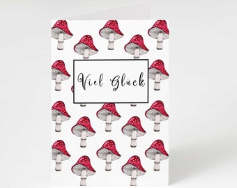 Viel Glück Grußkarte, Glückskarte, good luck greeting card, watercolor toadstool, printable card, blank card, downloadable PDF