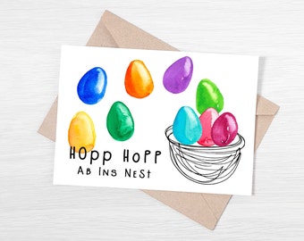 Easter card, printable holiday card, watercolor Easter Eggs, fun German Easter card, printable card, blank Easter card, downloadable PDF