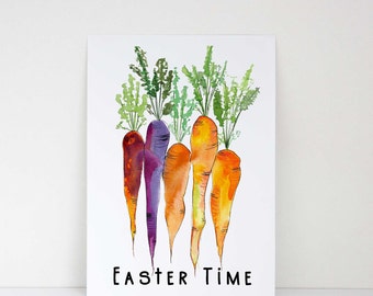 Easter card, printable holiday card, watercolor carrots, atypical Easter card, printable postcard, blank Easter card, downloadable PDF