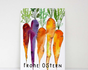 Easter card, printable holiday card, watercolor carrots, unique German Easter card, printable postcard, blank Easter card, downloadable PDF