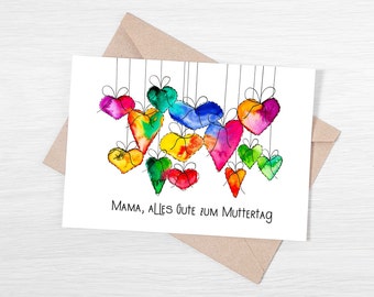 Mother's Day card, printable holiday card, German watercolor hearts Mother's Day card, printable card, blank card, downloadable PDF
