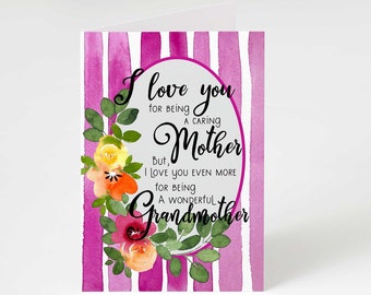 Mother's Day card for a Grandmother, watercolor stripes and flowers, Oma, Gran, printable card, blank card, downloadable PDF