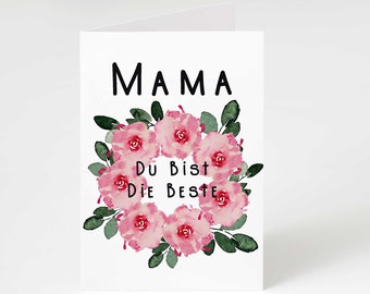 Mother's Day card, printable holiday card, German watercolor roses wreath Mother's Day card, printable card, blank card, downloadable PDF