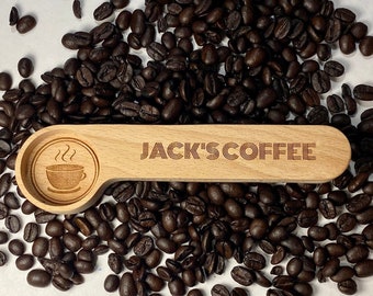 Personalized Wooden Coffee Scoop Bag Clip: Engraved Beech Wood Spoon