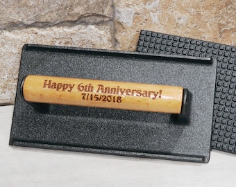 Steak Press Personalized Custom Happy 6th Anniversary Iron Burger Bacon Steak Weight Engraved Meat Press Gift BBQ, Iron 6th Anniversary Gift