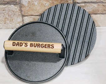 Personalized Cast Iron Burger Press: Engraved BBQ Steak Weight, Grilling Gift