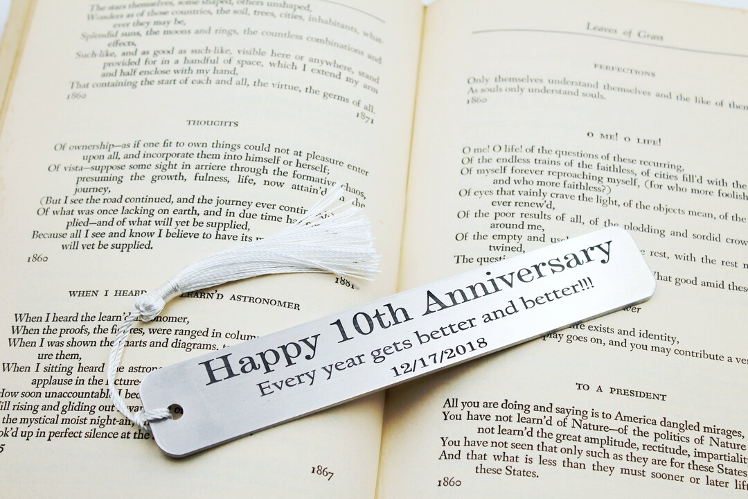 10th Anniversary Engraved Metal Bookmark, Personalized Wedding Bookmark