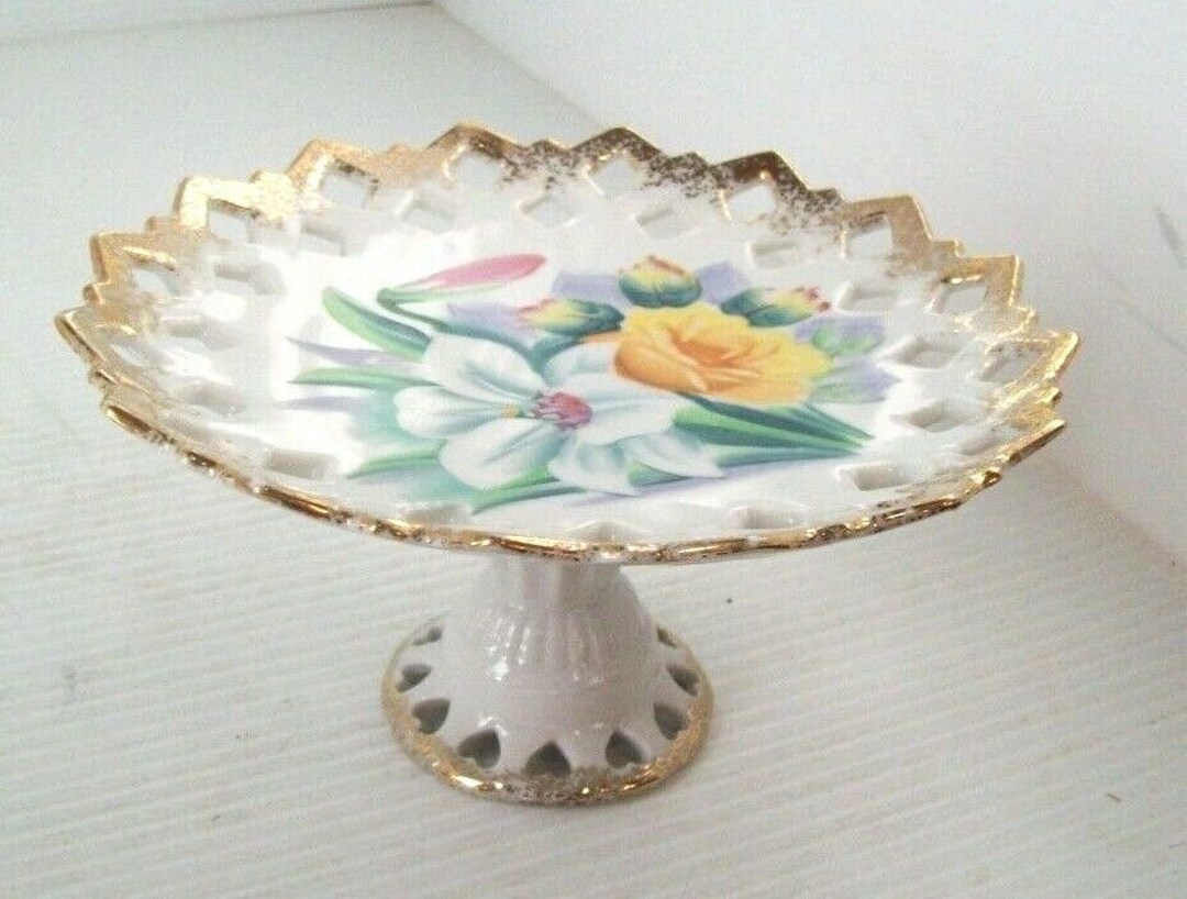 Ucagco Ceramics From Japan Gold Trimmed Pedestal Serving Plate Floral