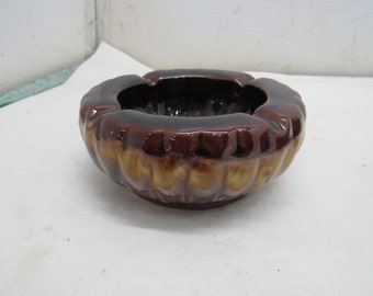 Vintage Brown and Tan Drip Glaze Pottery Round Ashtray 5.5" Diameter