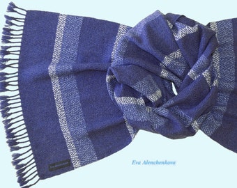 Winter scarf, hand woven scarf, cashmere silk blue scarf