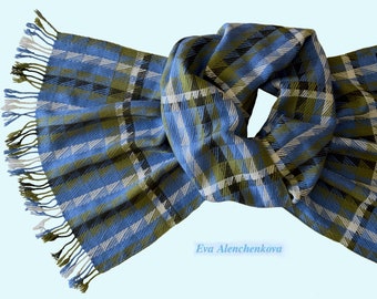 Women's silk cashmere blue white hand woven scarf