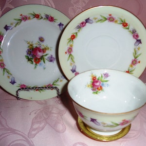 Vintage Japan Sango China Trio - Footed Teacup, Saucer and Desert Plate - Floral Design with Gold Trim