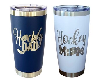 20Oz HOCKEY DAD/MOM insulated coffe mug. Travel mug. Tumbler with lid. Sports Gift. Coffee tumbler. Engraved stainless steel hockey gift