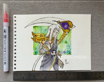 Thanatos from Hades Game Fan Art Collectible Watercolor Drawing