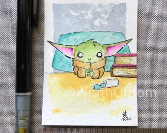 Star Wars The Mandalorian Grogu Baby Yoda in school Fan Artist Trading Card