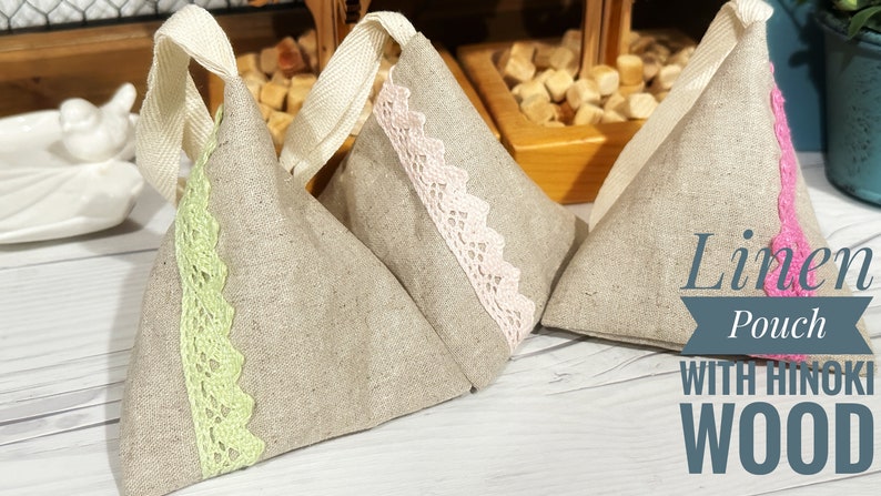 Linen Pouch with Hinoki Wood Natural Humidifier & Dehumidifier, Linen/Cotton Triangle Pouch with Hinoki Cypress Cubes Zero Waste Solution image 2