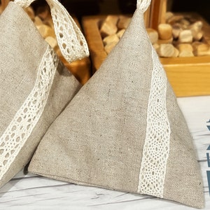 Linen Pouch with Hinoki Wood Natural Humidifier & Dehumidifier, Linen/Cotton Triangle Pouch with Hinoki Cypress Cubes Zero Waste Solution image 3