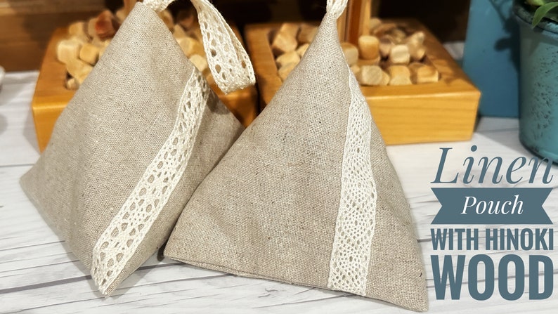 Linen Pouch with Hinoki Wood Natural Humidifier & Dehumidifier, Linen/Cotton Triangle Pouch with Hinoki Cypress Cubes Zero Waste Solution image 3