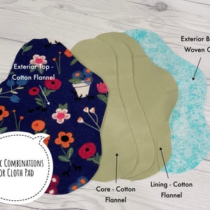 May include: A close-up of a cloth pad with different layers of fabric. The top layer is a blue cotton flannel with a floral print. The next layer is a green cotton flannel. The bottom layer is a light blue woven cotton. The text "FABRIC COMBINATIONS FOR CLOTH PAD" is written in a white speech bubble.