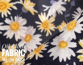 Yellow Daisy Oilcloth Fabric – Navy Cotton, Waterproof Material By The Yard