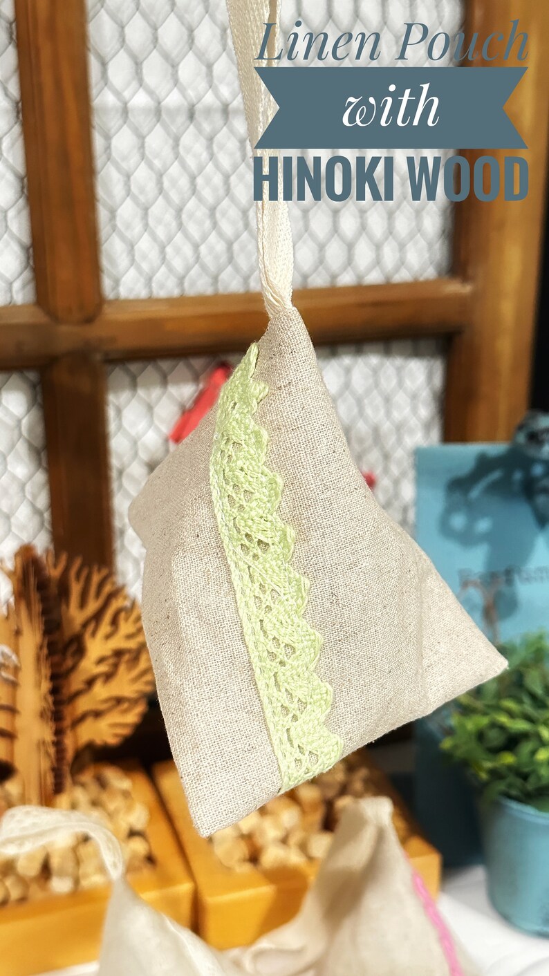 Linen Pouch with Hinoki Wood Natural Humidifier & Dehumidifier, Linen/Cotton Triangle Pouch with Hinoki Cypress Cubes Zero Waste Solution image 1