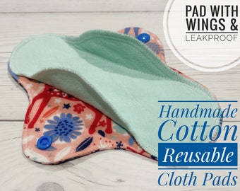 Cloth Pads with Wings for Period - Prevent Leaking from Side! Cotton Reusable Menstrual Pads for Moderate & Heavy Flow with Embroidery