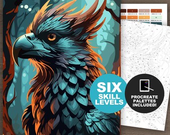 Malen nach Zahlen Kit: Greifen, Griechische Mythologie Malseiten für Erwachsene (6 Levels, Printable, Procreate)